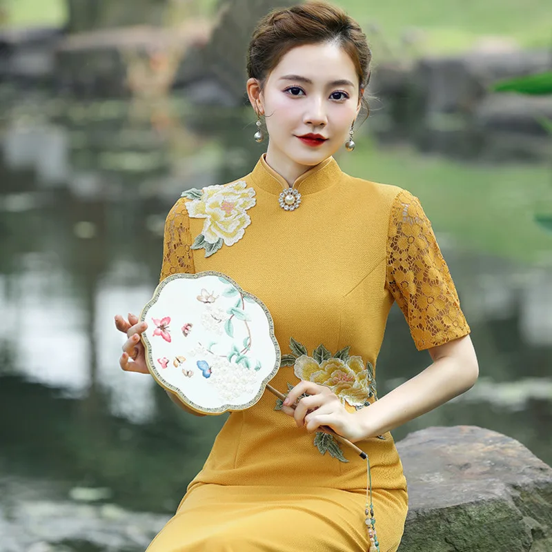 

Sheng Coco Women Yellow Silk Walk Show Cheongsam Net Sleeve Chorus Performance Dress chinese traditional qipao dresses 5XL