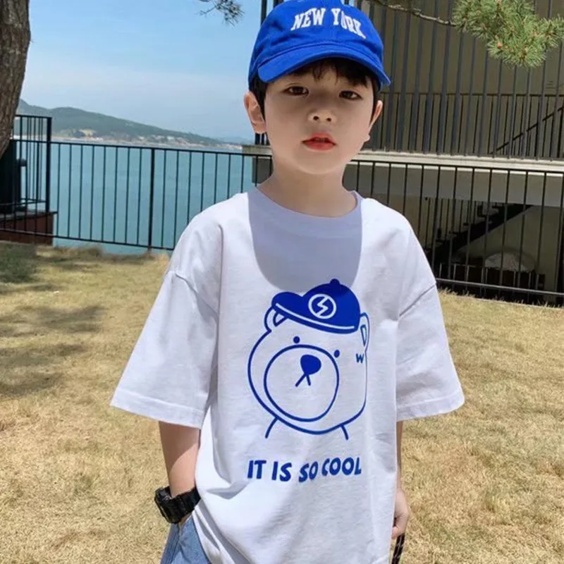 Summer Handsome Cool Kids Boy Casual Cartoon Bear Print Trendy Children's Pure Cotton T-shirt Short Sleeve Toddler Tees Han Fan