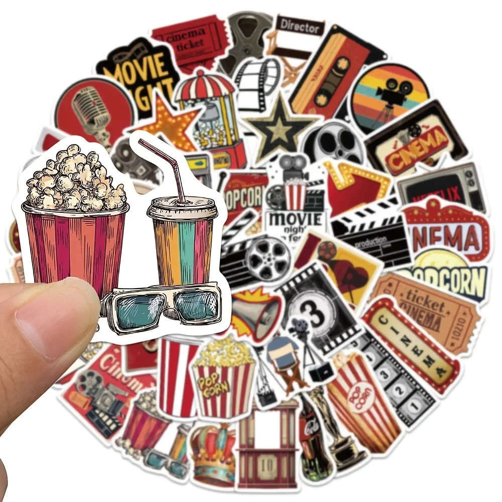 50pcs Retro Cinema Sticker Popcorn Graffiti Decal for Diary Fridge Closet Wallet Backpack Envelope Label Magazine DecoratSticker