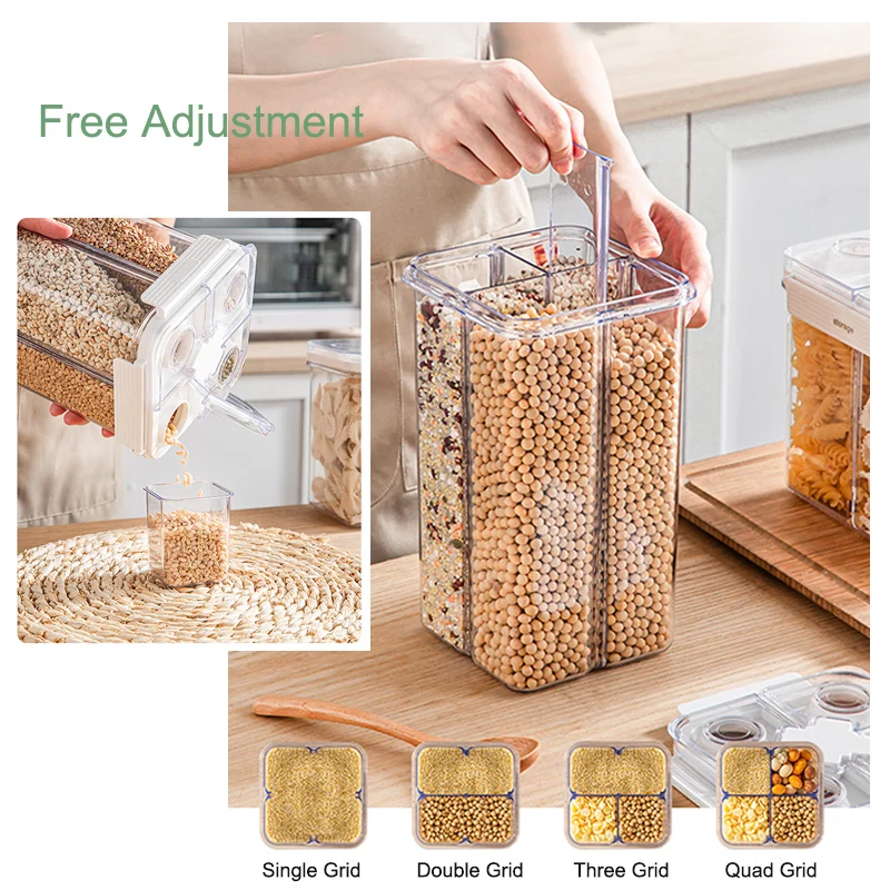 2023 New Cereal  Grain Dispenser, 4-Compartment Airtight Food Storage Containers Nuts Jars Seal Box for kitchen Storage Organiza