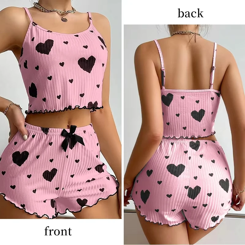 Women's Pajamas Set Sleepwear 2 PCS Short Tank Tops And Shorts S M L White Ventilate Soft Casual Love Printing image 6