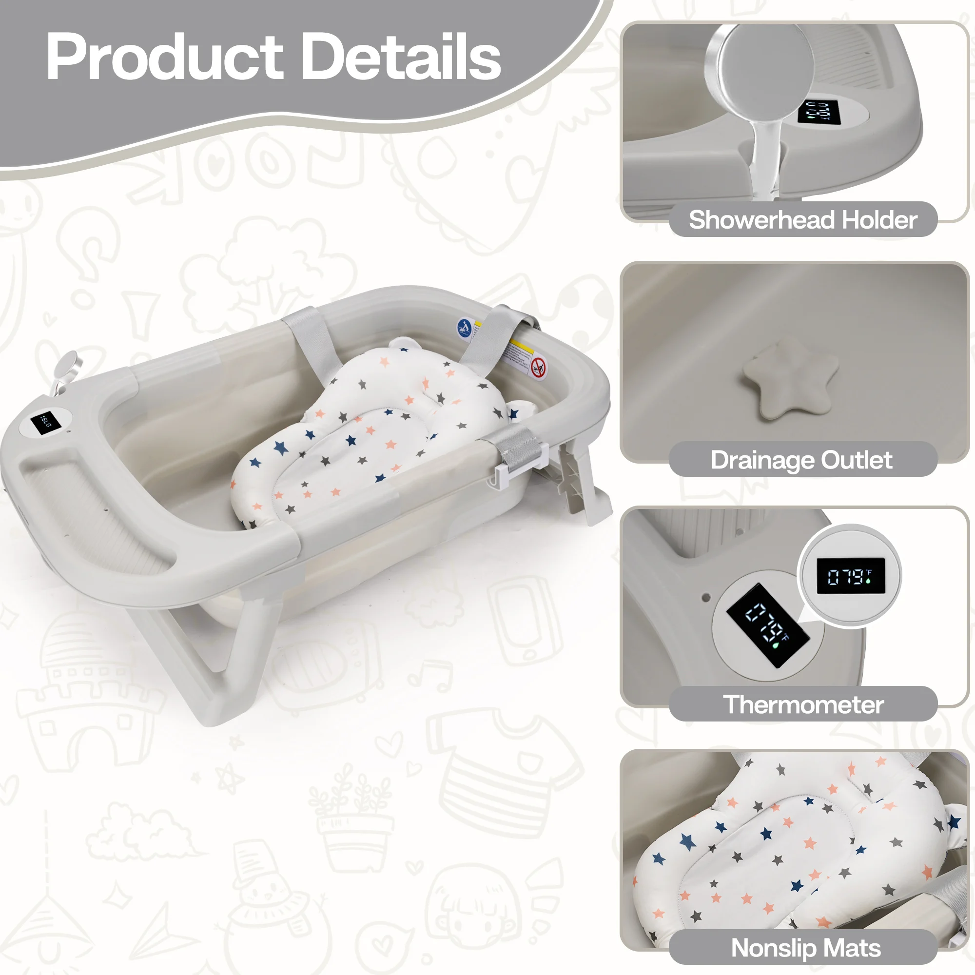 Baignoire pour bébé, baignoire pour bébé avec coussin doux et thermomètre, baignoire pour bébé nouveau-né à 36 mois, baignoire de voyage Portable pour bébé