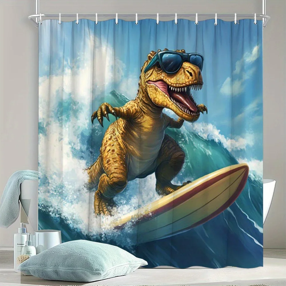 Cool Dinosaur Surfing With Sunglasses Shower Curtain Machine Washable All Season Waterproof Privacy Protection  Hooks Included