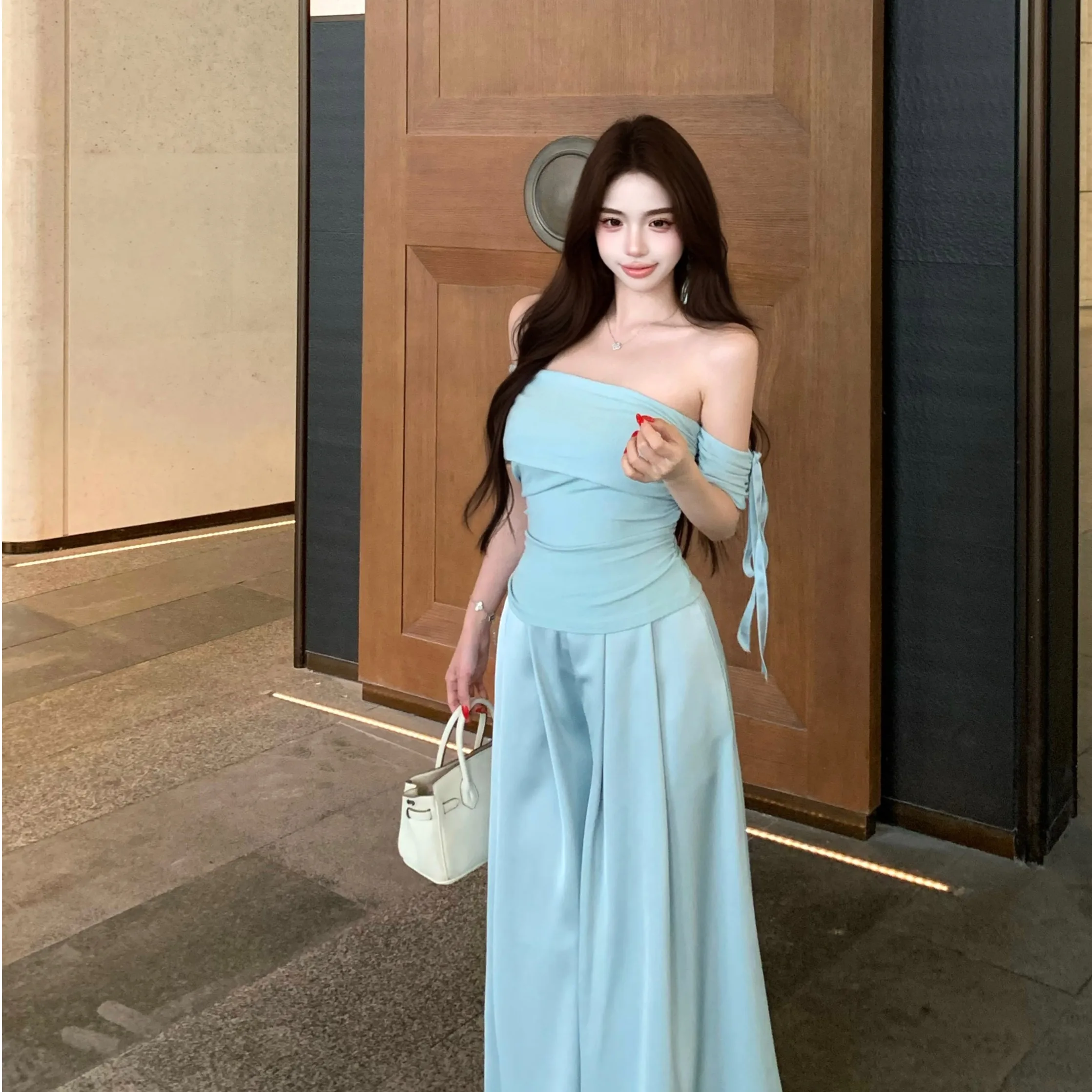 

Summer New Style Elegant High Waist Waist-Cinching Wide Leg Pants Set Women Slimming Beautiful Two-Piece Trendy Fashion Ensemble
