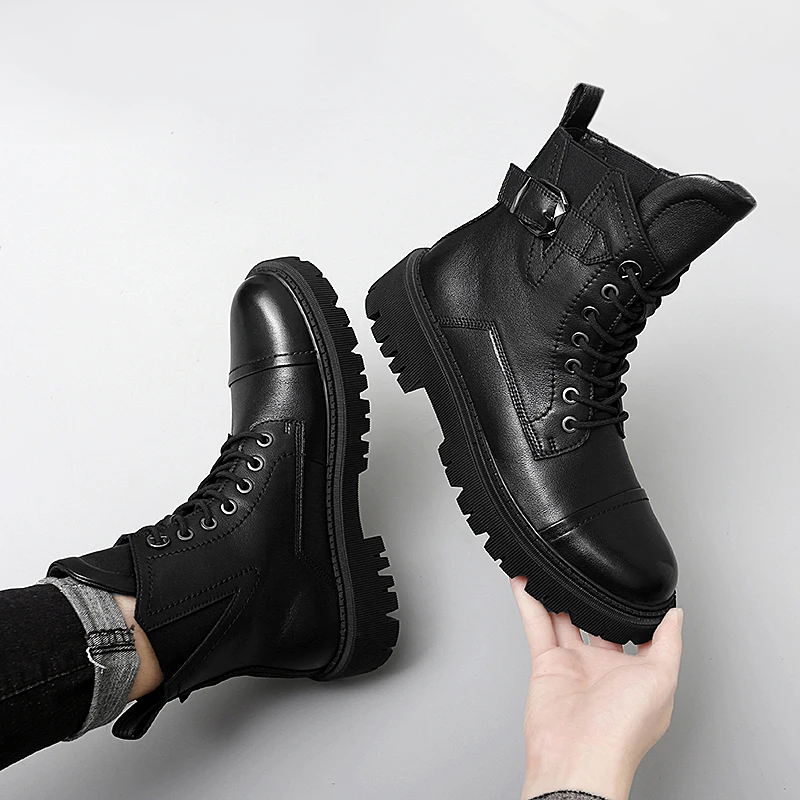 Winter Genuine Leather Boots Black Warm Plush Platform Thick Soled Ankle Boots All-match Mens Fashion Casual Men Motorized Boots