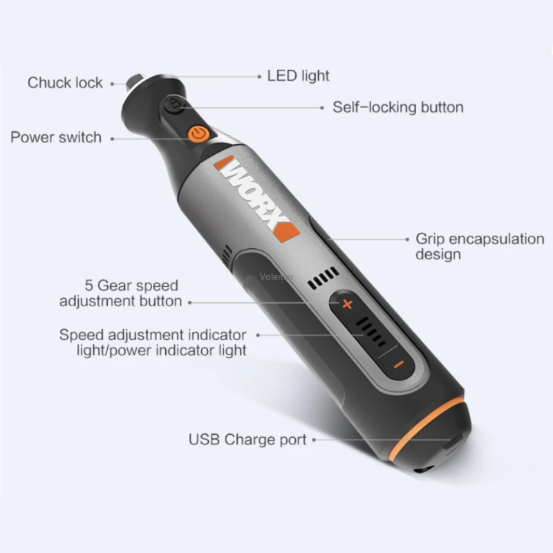 Yoipin Worx 8V Alat Putar WX106 Tanpa Kabel Mini Bor Pengukir Mesin Pemoles Pengasah Pengisi Daya USB Alat Daya dengan Kecepatan Variabel