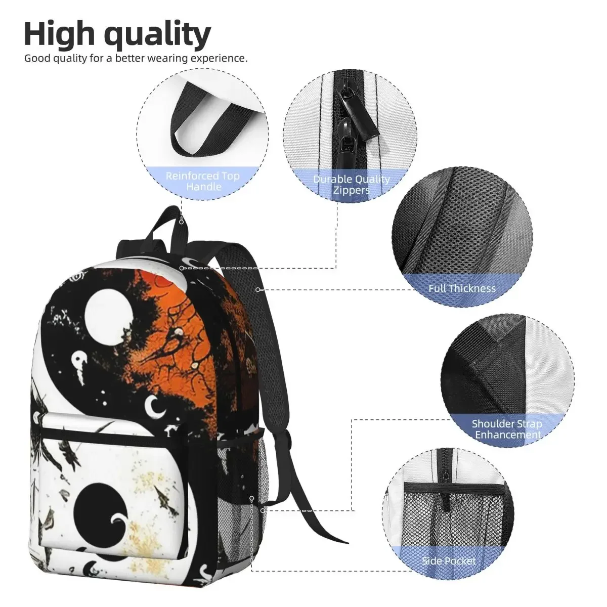 Chinese Yin Yang Graffiti Print Backpack Daypack Large Capacity Children BookBag School Bag Shoulder Bags for Men Women
