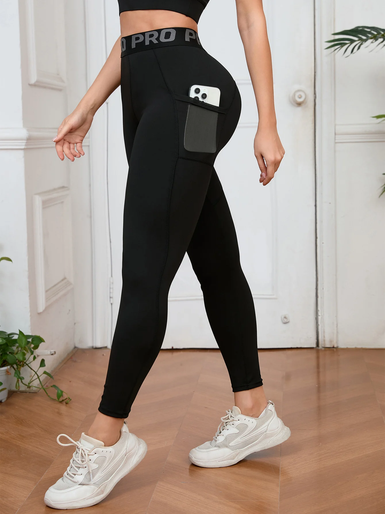 High Waist Leggings Women Letter Printing High Stretch Workout Running Pants With Side Pockets Casual Pants