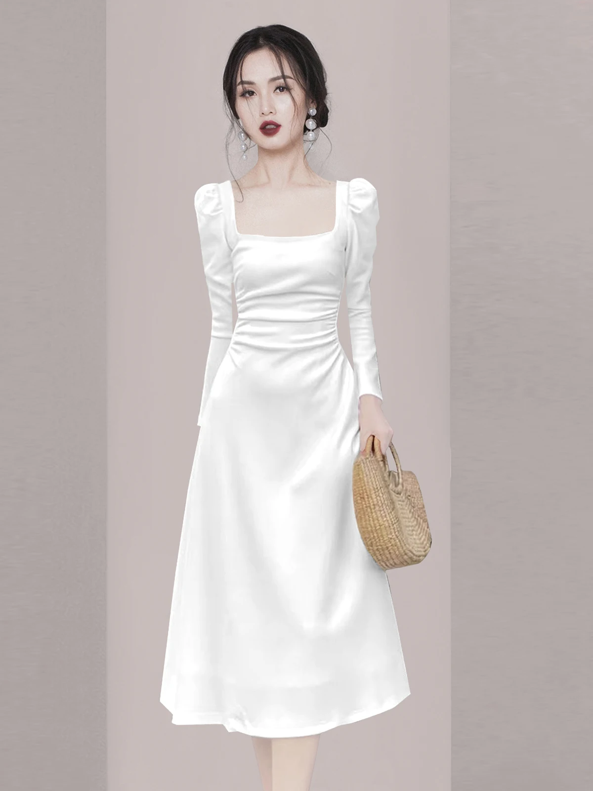 

Spring 2026 White Square Collar Long Sve Pleated Waist Cinched Slimming Midi Length Dr Evening Gown Women's Faion