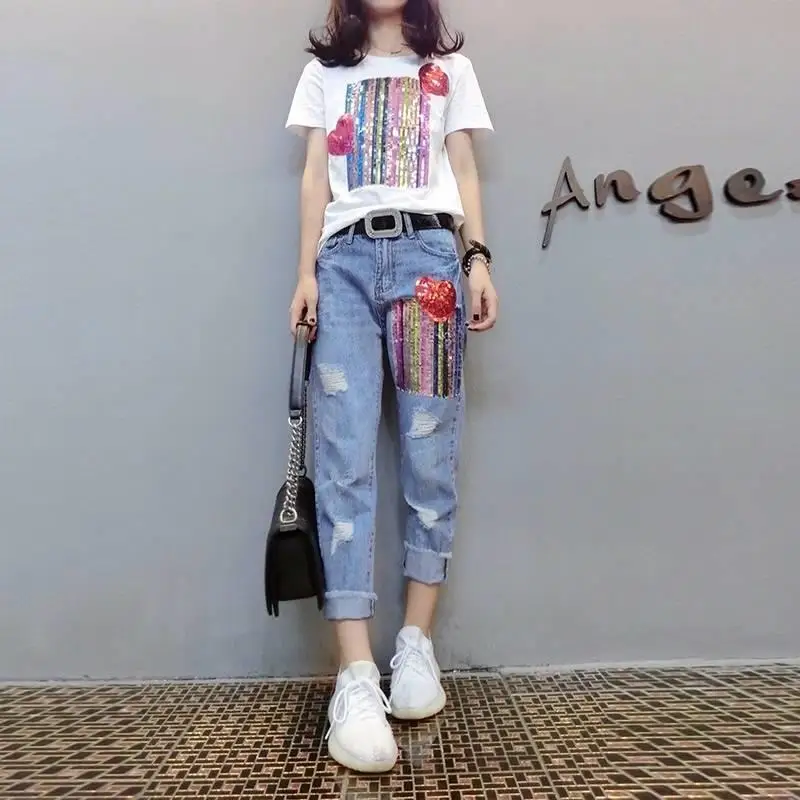 

Women Two Piece Hole Denim Pants Set 2024 Summer New Short Sleeve Top Cropped Trousers Fashion Loose Jeans Suit E100