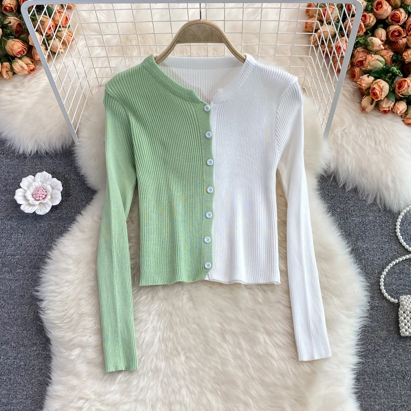 

Women's Short Knitted Sweater O-Neck Long Sleeve Color Blocking Slim Tops Spring Autumn Casual All-Match Sweaters