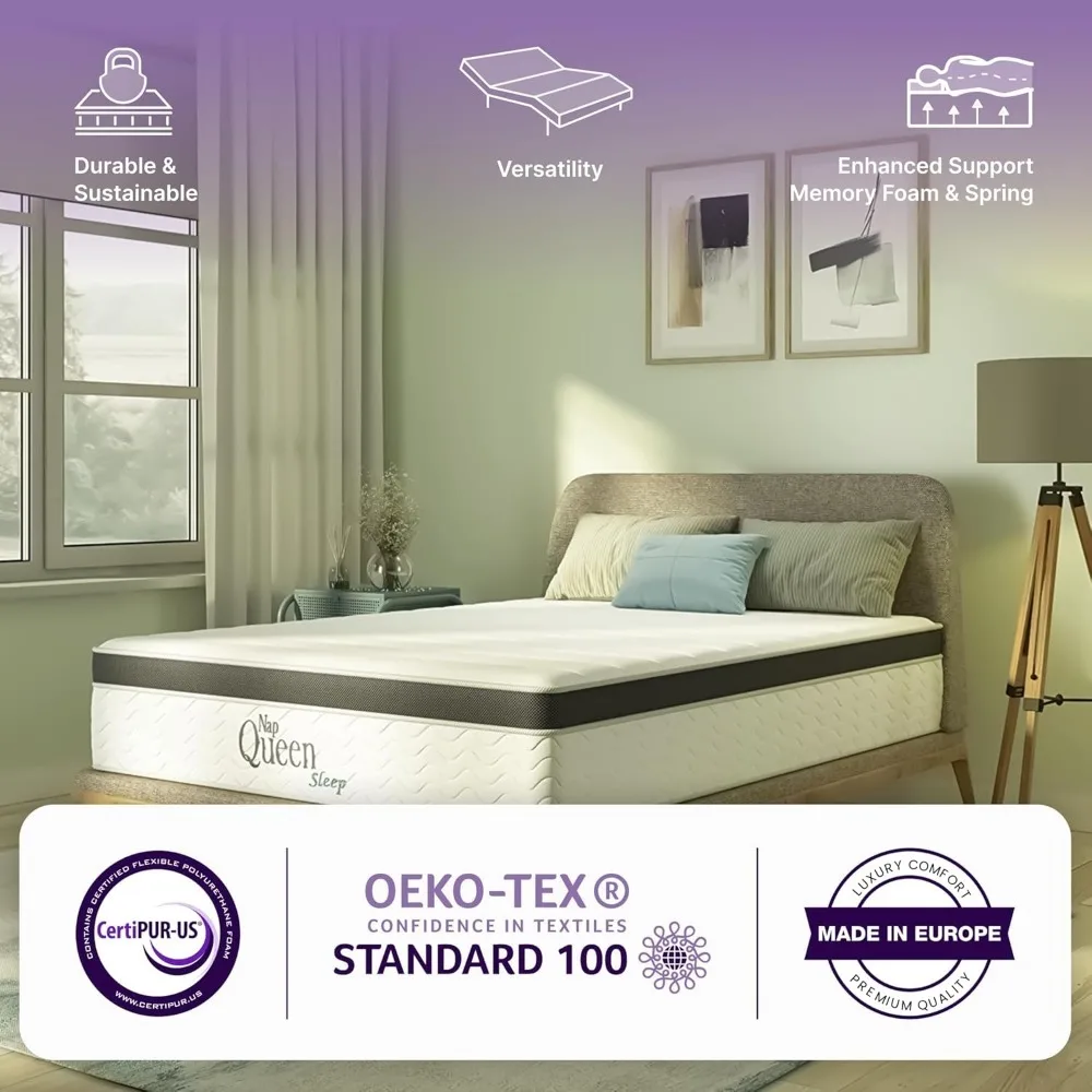 8-inch Mixed Mattress, Full Size, Cooled Gel Infused Memory Foam and Spring Mattress, Boxed Bed, White and Grey