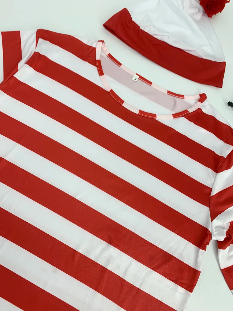 Cartoon Wheres Waldo Striped Shirt Youth Boys Wally Costume Shirt Glasses and Hat Socks Unisex Adults Carnival Cosplay Costume view 5