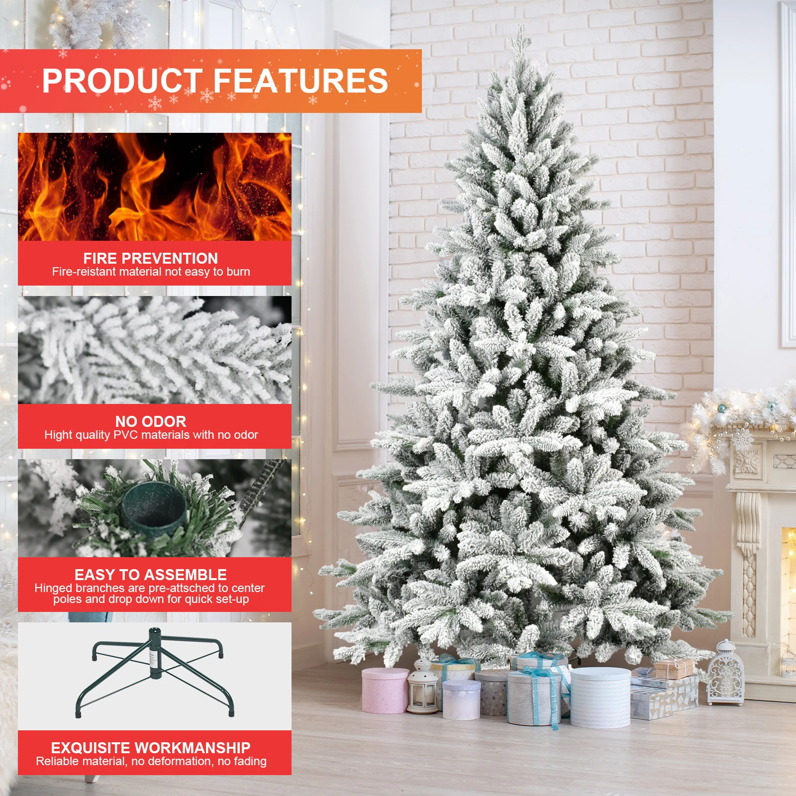 5/6/7FT Pre-lit Artificial Christmas Tree 768 Branch Tips Automatic Open PE/PVC Mixed Flocking Xmas Tree with Metal Stand Base