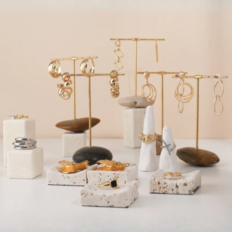 Jeweler Earrings Display Stand Creative Jewelry Displays Holder Counter Ring Display Stands Stone Brass Earrings Storage Rack