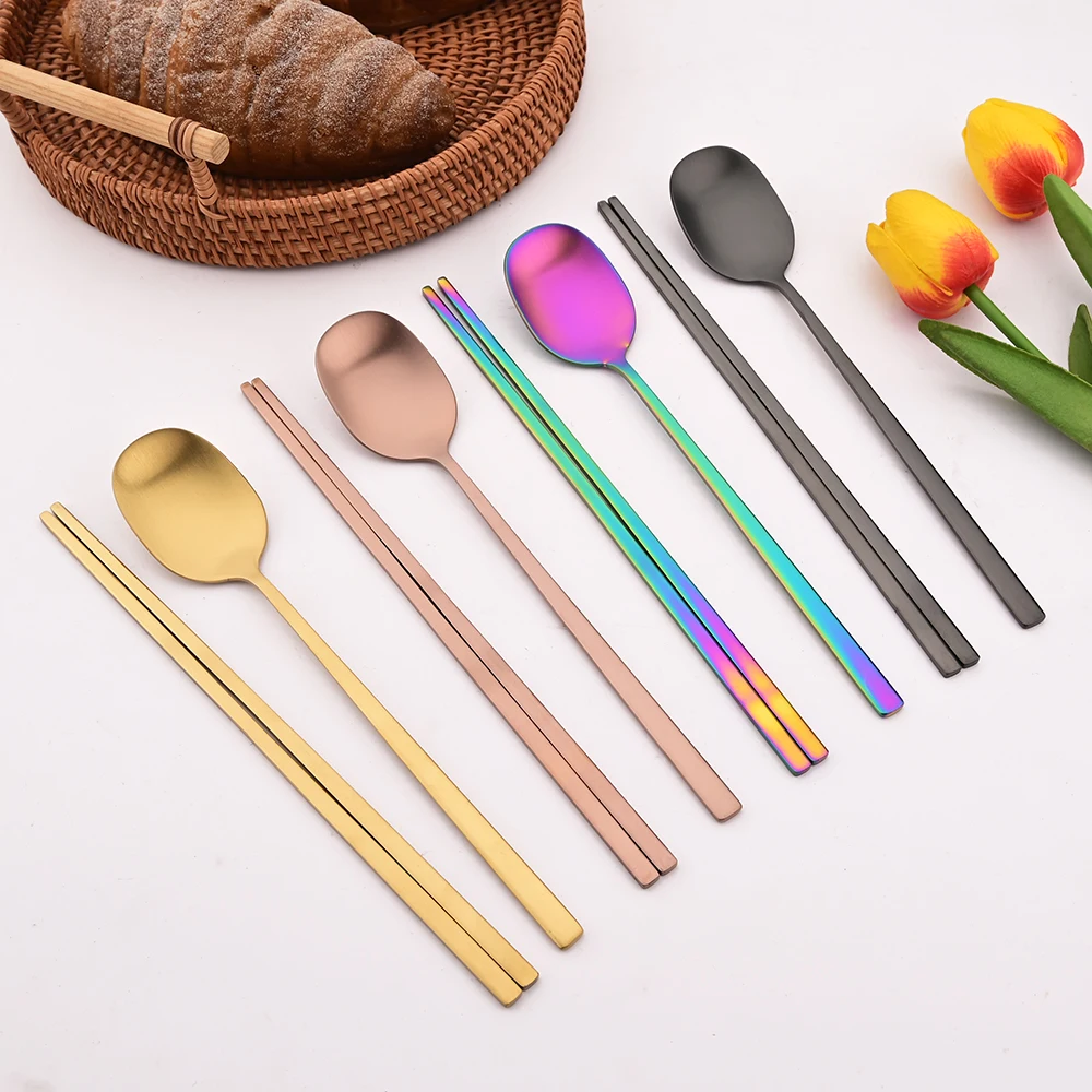 Korean 8Pcs/Set Tableware Set High Quality Stainless Steel Matte Dinner Set Dinnerware Spoon Chopsticks Flatware Cutlery Set view 2