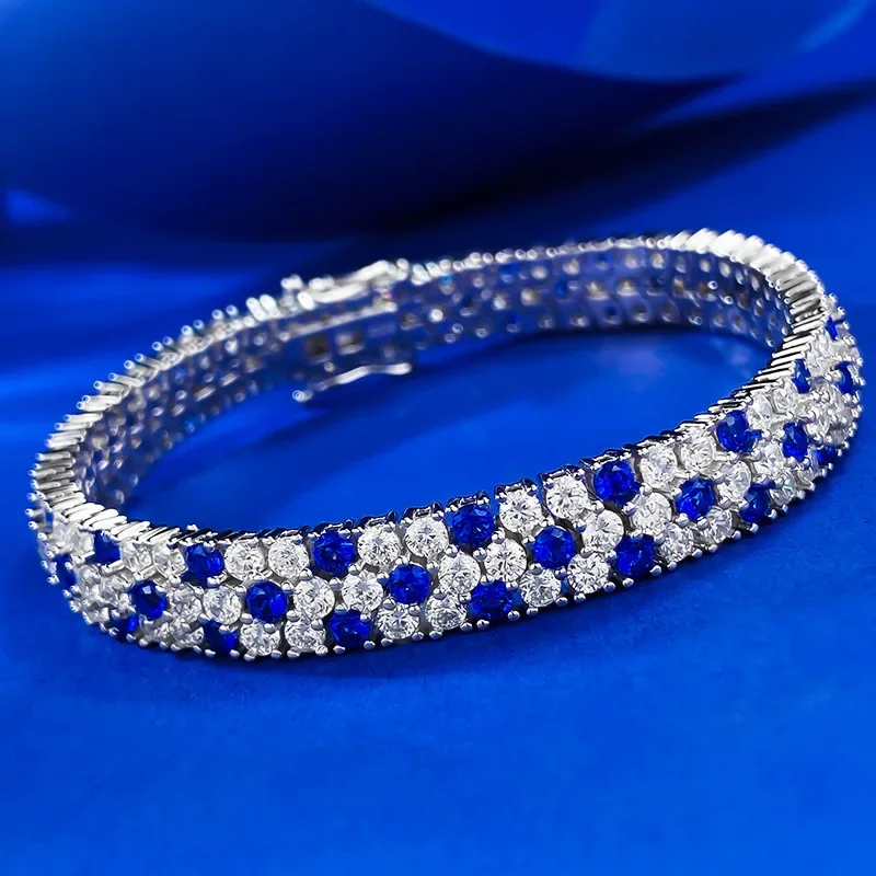 2023 New S925 Pure Silver Bracelet with Royal Blue Full Diamond  Fashion Mingyuan Instagram Style