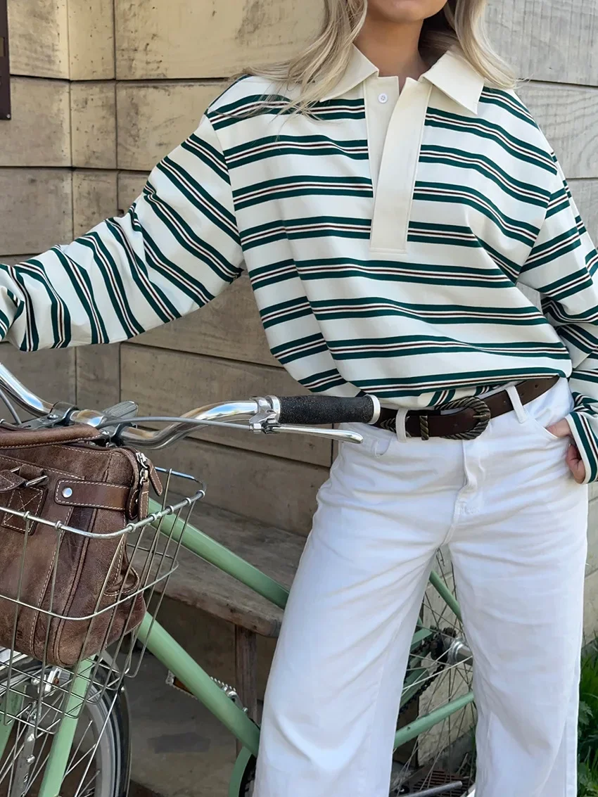 

Fmxires Ladies Polo Shirts Woman Long Sleeve Crop Top Striped Vintage Clothes Polo Shirts Mujer Streetwear Casual Tops Brown