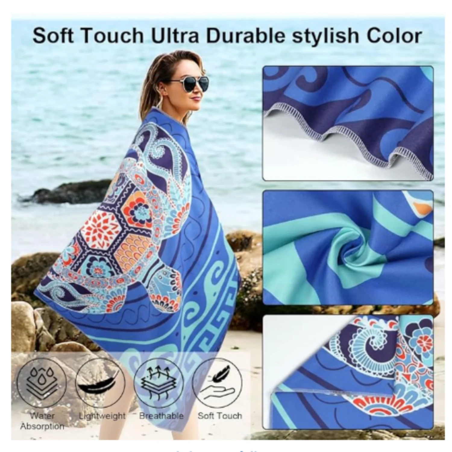 

URAQT Пляжное полотенце, мягкое, супервпитывающее, быстросохнущее, большое, легкое, без песка, дорожное полотенце для плавания, 140x180 см