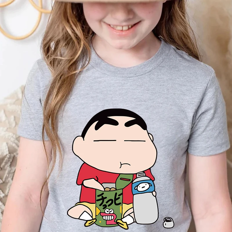 男の子と女の子のための半袖Tシャツ,コットン,半袖,クレヨンちゃんのプリント,カジュアル,夏に適しています