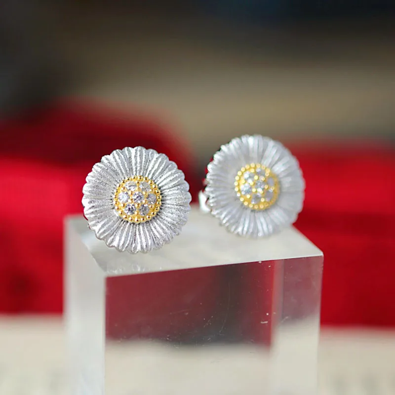 ZOCA Vintage Brushed Design Elegant White Daisy 925 Sterling Silver Gold Plated Earrings Women's Fine Jewelry Gift Party