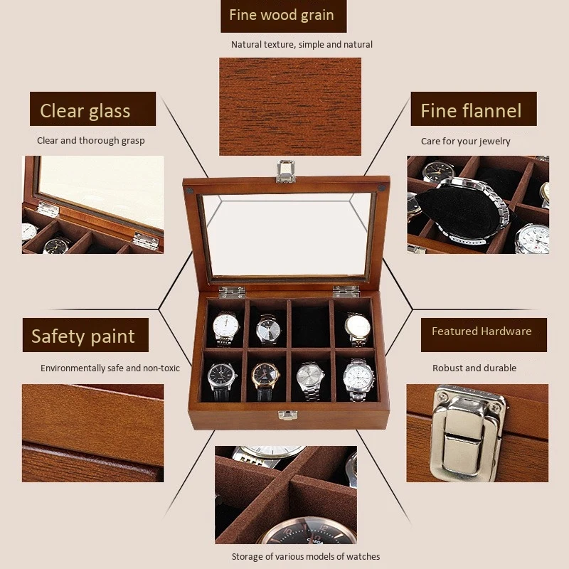 8 Slot Watch Boxes Case New Coffee Wood Watch Organizer With Glass Mechanical Watch Holder Gift Case Holder Women