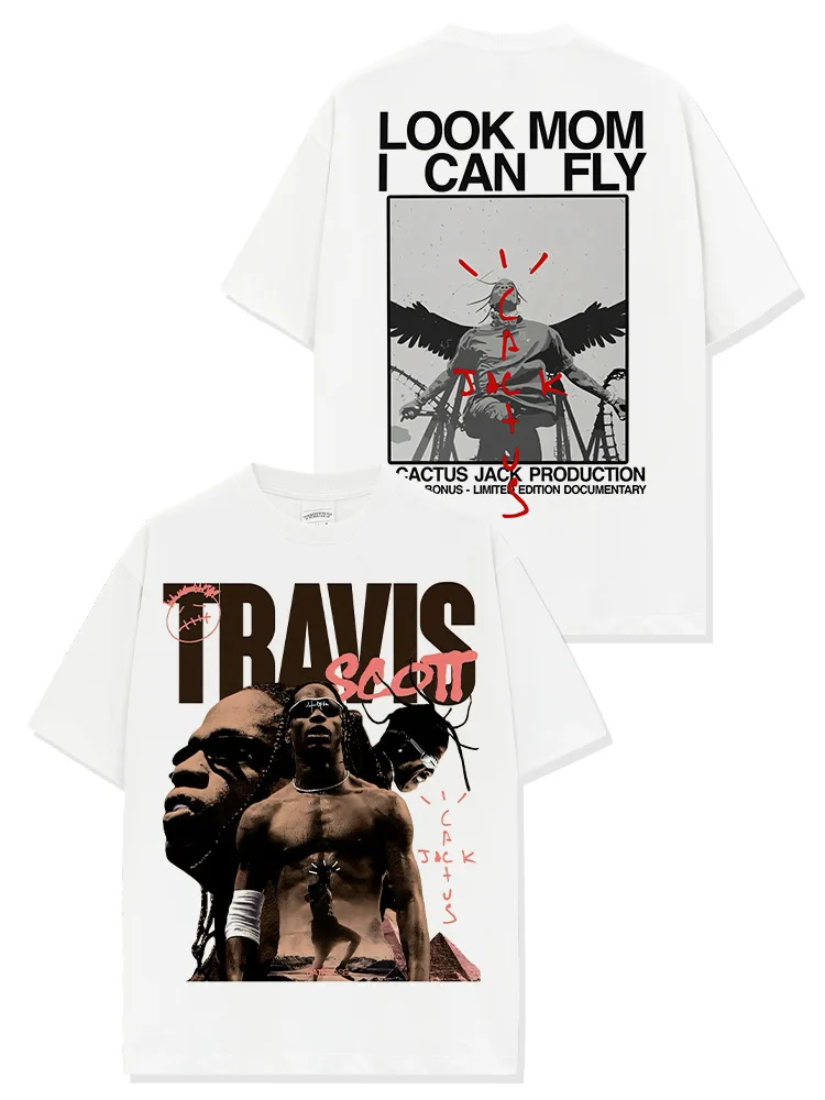 Camiseta Vintage de manga corta con estampado de Travis Scott de Hip Hop, cuello redondo americano, ropa de calle de moda Vintage para hombres y mujeres