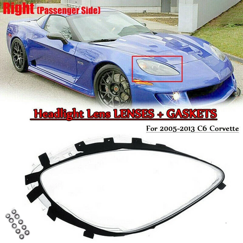 Right Headlight Lens Covers For Chevrolet C6 Corvette 2005-2013 With Black Trim Gaskets Seal Kit & 10Pcs Fix Nut Snaps