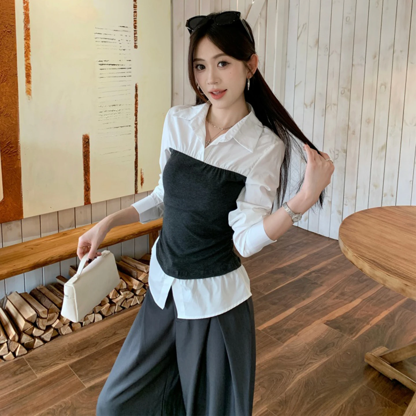 Sli V-Ne Long Sve irt المرأة لون بسيط Blo وهمية قطعتين الخريف تنوعا شخصية قمة العصرية لباس غير رسمي #1