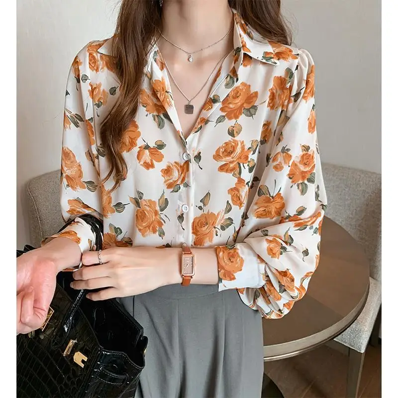 Women Clothing Fashion Casual Loose Simplicity Printing Long Sleeve Women's Shirts Summer All-match Elegant Temperament Tops