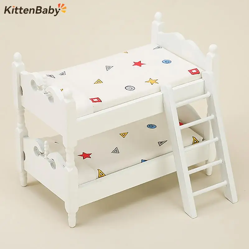 1Pcs Miniature Wooden Double Layers Bed Kids Toy Dollhouse Accessories Micro Scene Furniture Model DIY Decoration