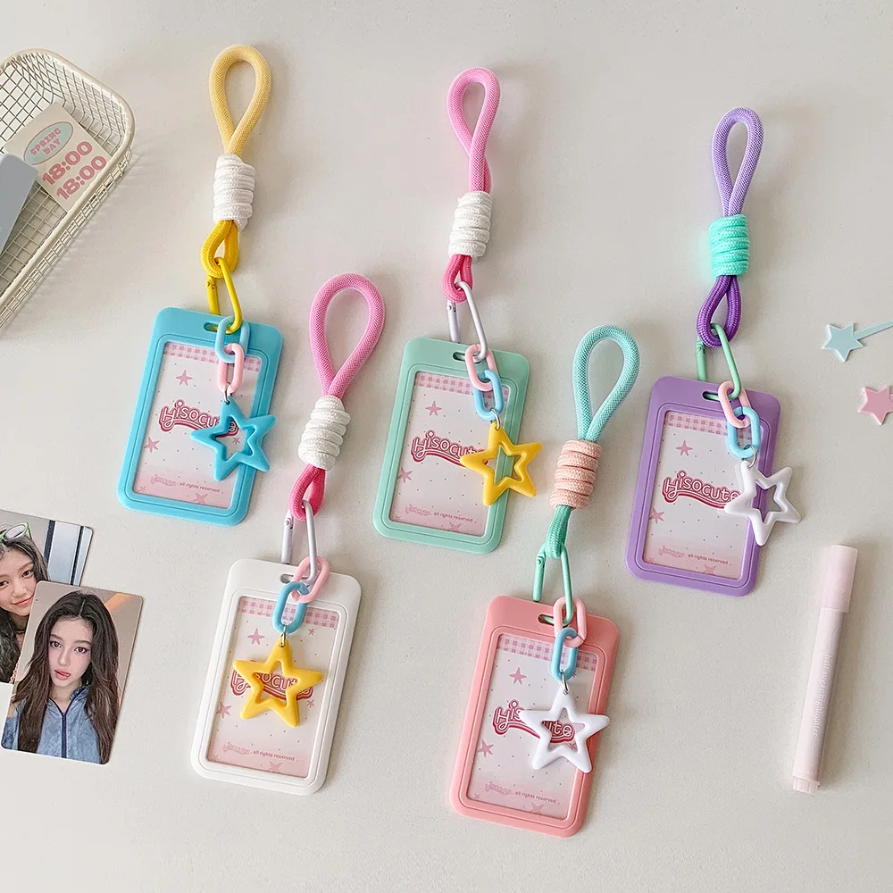 

ID Card Protective Color Bus Card Cover Credit Card Plastics Korean Photocard Holder Star Pendant Hanging Rope Key Chain