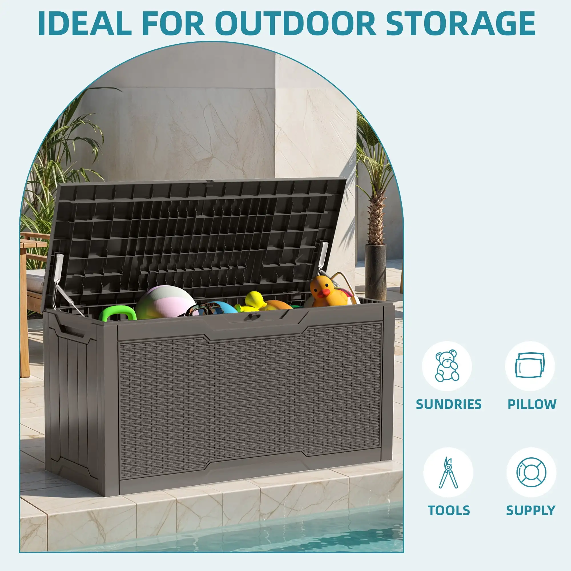 

Uforic 80 Gallon Resin Deck Box,Outdoor Storage Box with Lockable lid for Patio Furniture, Waterproof,Light Brown