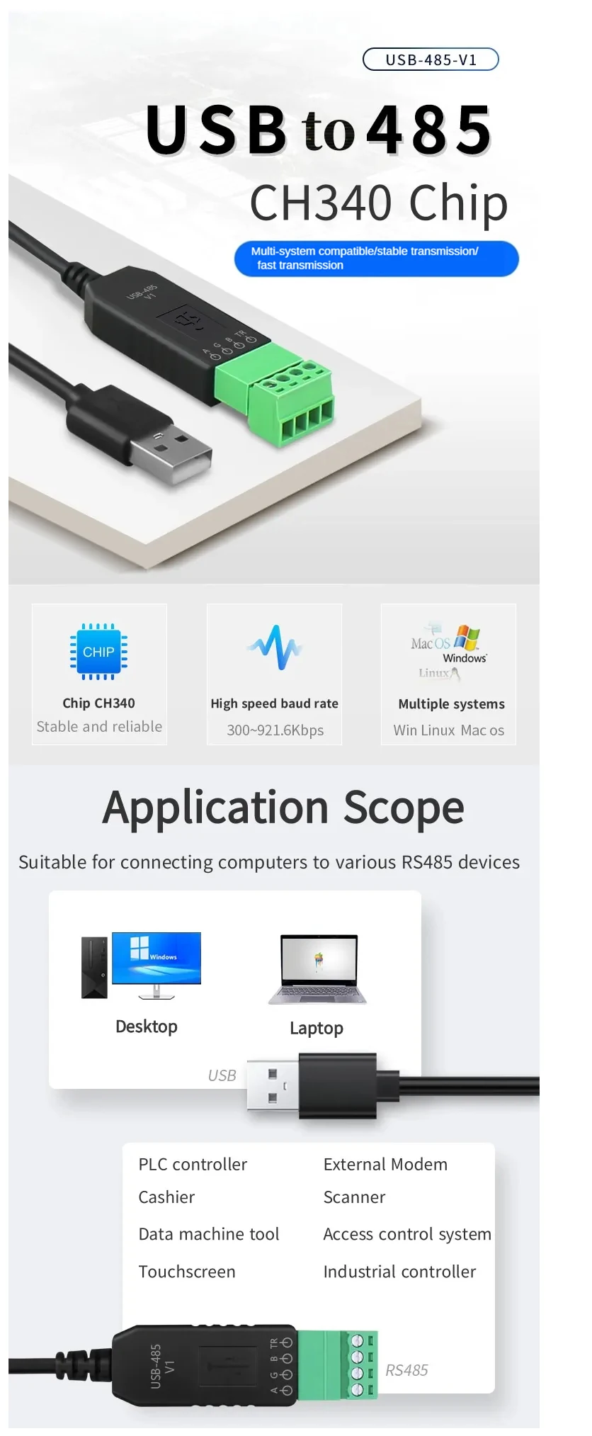 Industrieller USB-zu-RS485-Seriellkonverter CH340 Modul RS-485 Kommunikationsplatine Adapter für SPS PC – Detail 1