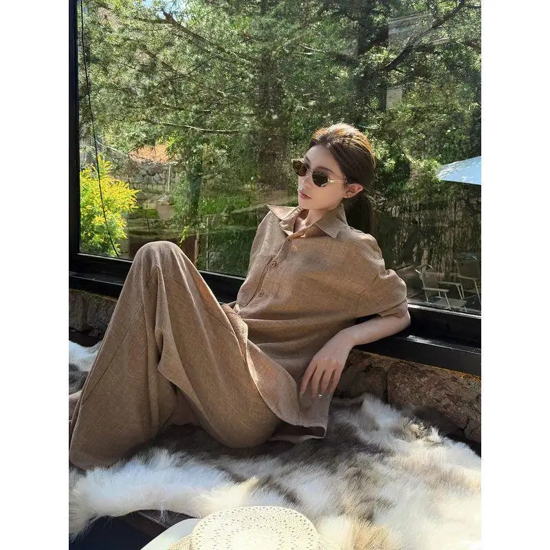  Loose Women's Suit High Waist Wide Leg Pants Long Sleeve Shirt Two Piece Set Spring Summer New Style Slimming Effect