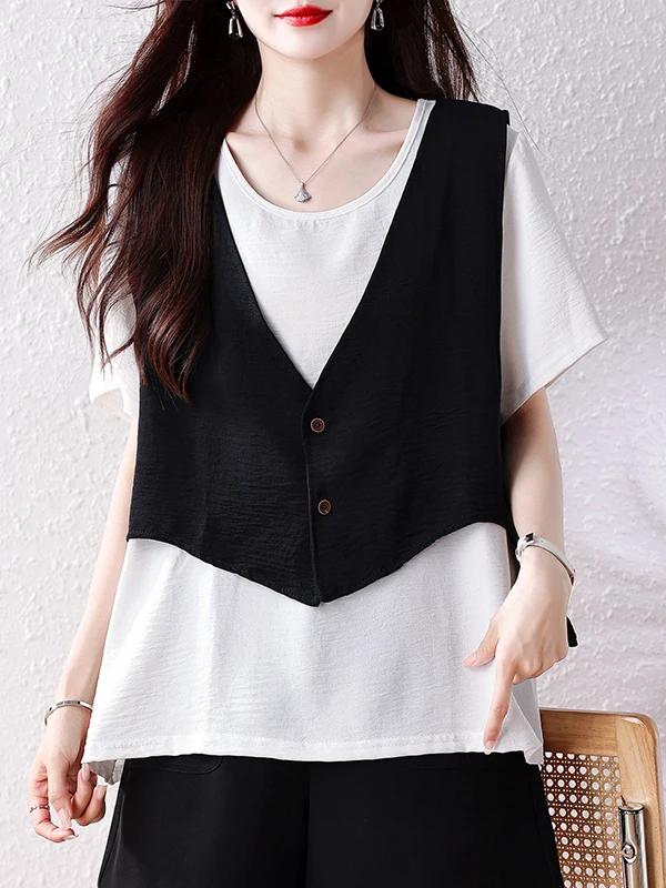 

plus Size Women's Summer Slimming Fashion Loose Short Sleeve Two-Piece Set Casual Style Polyester Fiber round Neck Vest Top