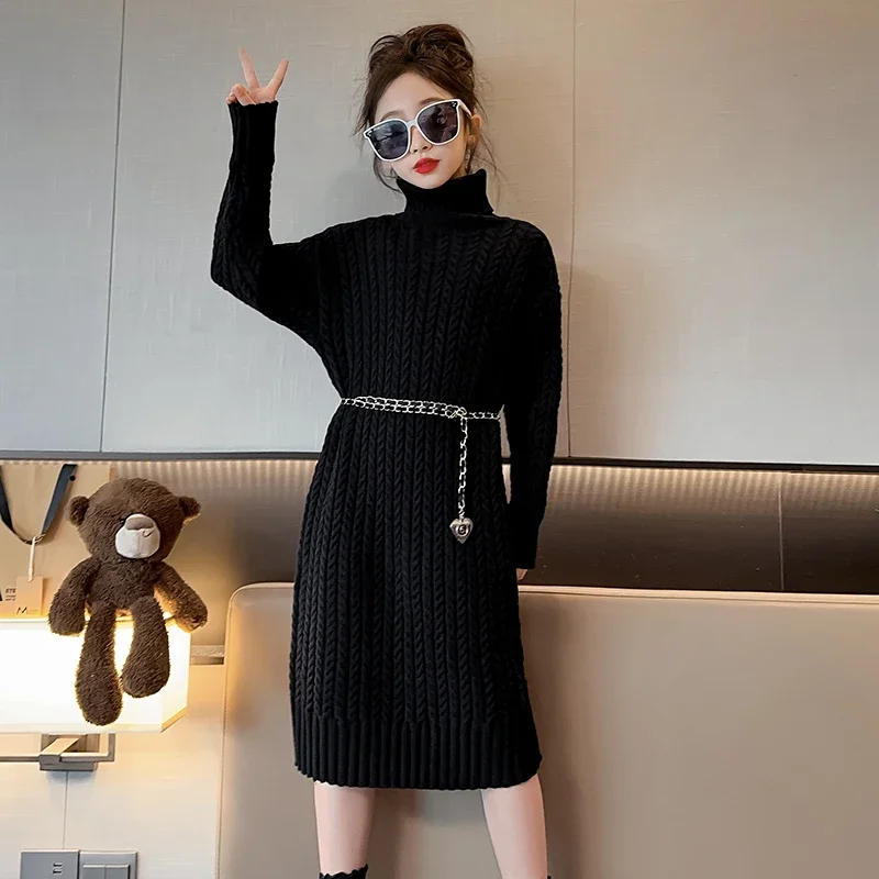 

long style turleneck sweaters dresses for girls loose casual sweaters with belt 2023 children's solid color sweaters kids tops