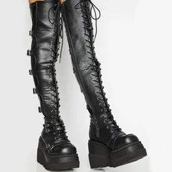 Brand Design Big Size 43 Shoelaces Cosplay Motorcycles Boots Buckles Platform Wedges High Heels Thigh High Boots Women Shoes