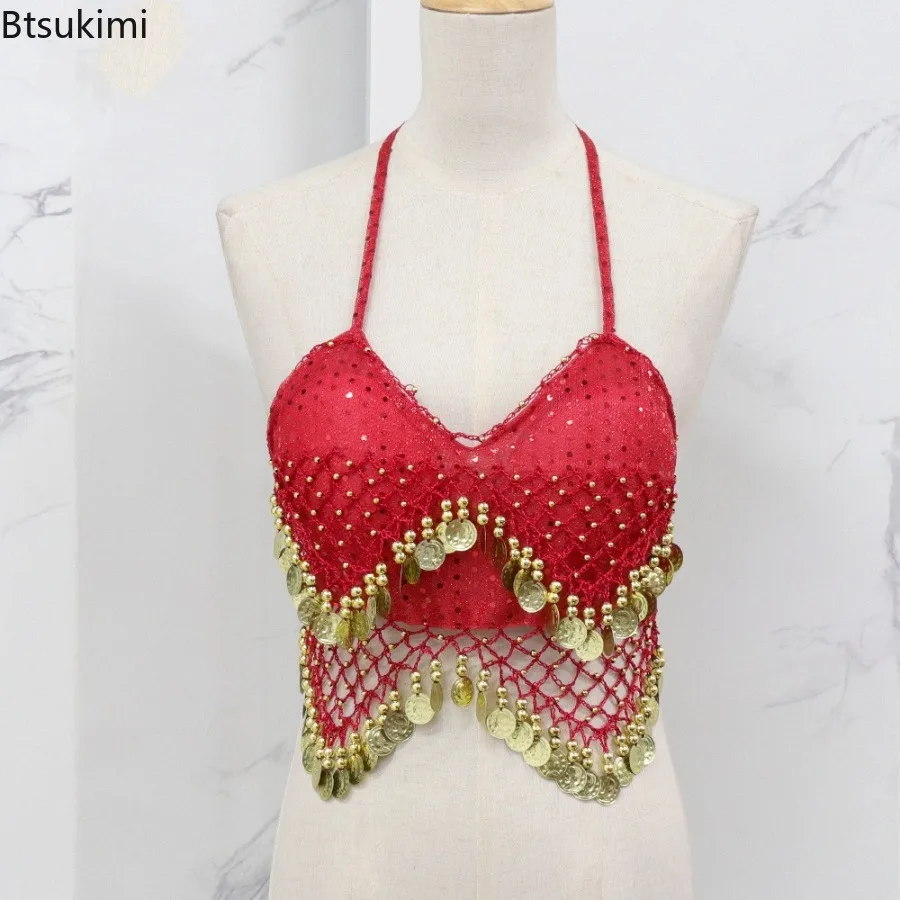 Damski krótki top do tańca brzucha z koralikami, wyraźnymi frędzlami, biustonosz bez pleców, krótki top do tańca sportowego, niezdejmowane wkładki, karnawałowe damskie topy biustonoszowe.