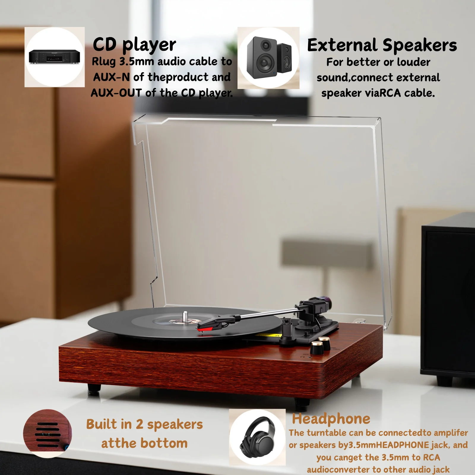 MAIO  Record Player Portable Suitcase Audio with Built-in Speakers, 3-Speed Vinyl Spinner