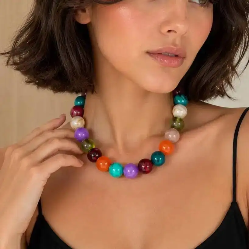 SHIXIN Boho Colorful Resin Beaded Choker Necklace Women Vintage 18K Gold Plated Stainless Steel Chain on the Neck Party Jewelry