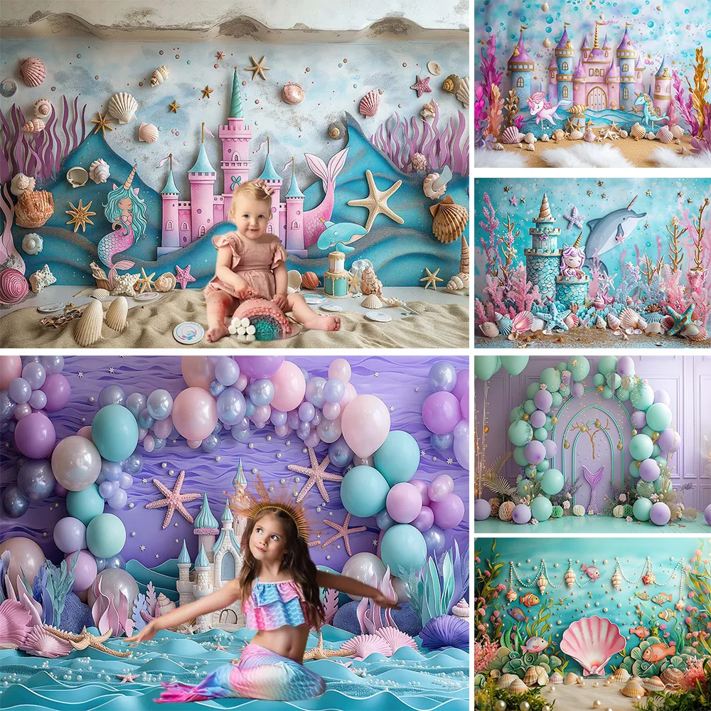 

Mermaid Princess Girl Birthday Portrait Background Booth Undersea Castle Seashell Beach Backdrop Kids Cake Smash Photo Studio