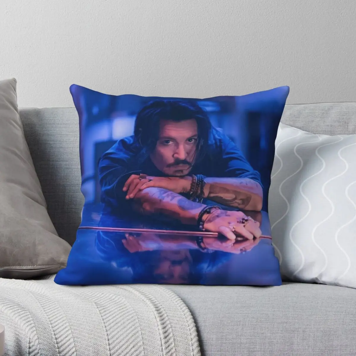 Johnny Depp Blue Pillowcase Polyester Linen Velvet Printed Zip Decorative Bed Cushion Cover