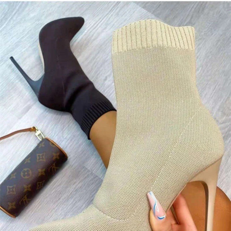 Luxury Women Sock Boots Stretch Fabric Ankle Boot Exotic Dancer High Heels Boots Ladies Stilettos Autumn Winter Pointed Toe Boot