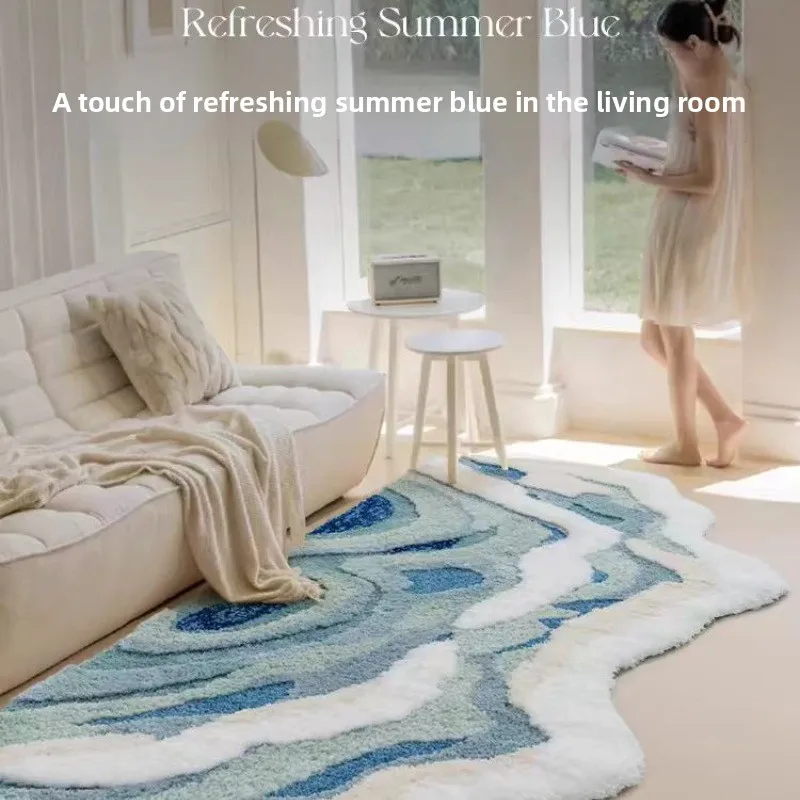 Premium Flocking Carpet Bedroom Long Bedside Carpet Home Living Room Sofa Wave Thickened Tufted Carpet