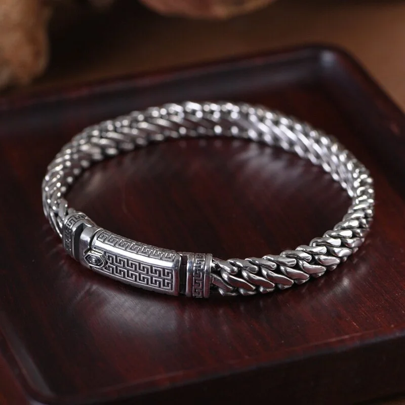 OUYADI Retro Punk S925 Silver Thick Braided Bracelet Men Ethnic Return Pattern Smooth Handcrafted Daily Ornament