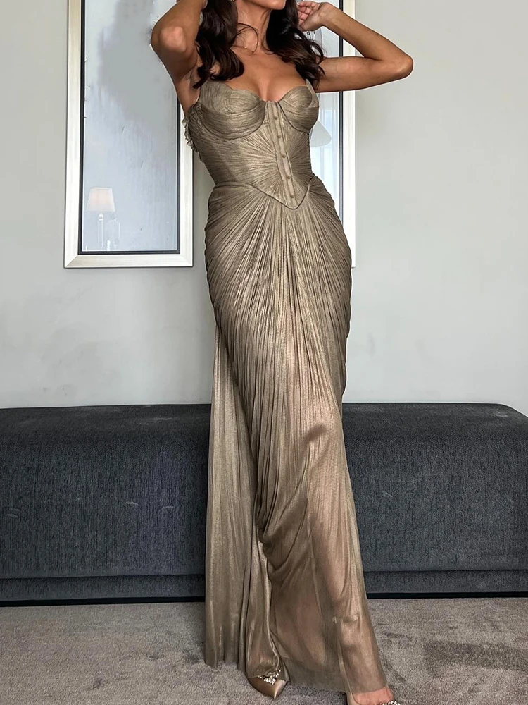 فستان ماكسي أنيق بحزام سباغيتي صيفي للسيدات، فستان حفلات أنيق بدون أكمام برباط للعطلات، فستان أنيق للسيدات لعام 2025 بدون ظهر