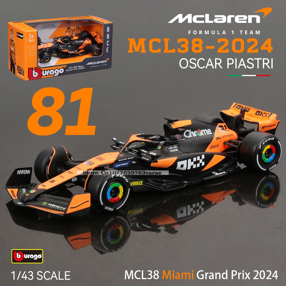 Bburago 1:43 2024 F1 Mclaren MCL38 Monaco Grand Prix Liga Carro Miniatura Modelo Diecast # 4 Lando Norris # 81 Brinquedo Oscar Piastri