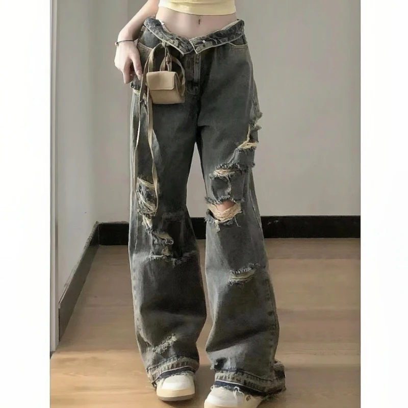 QWEEK Vintage Baggy Woman's Ripped Jeans Y2k Hip Hop Oversize Denim Pants America High Street Retro Grunge Trousers Korean Style