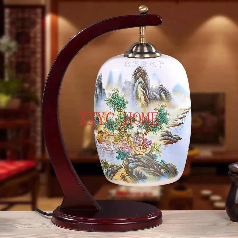 

New Style Chinese Table Lamp Wooden Base E27 Holder Ceramics Table Lampe For Living Room Bedroom Retro Bedside Light Modern Desk